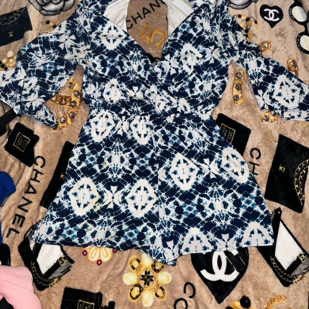 Charlotte Russe Blue and White Patterned Romper